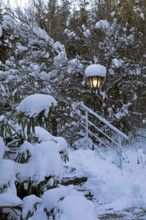 Snowy garden, lamp, stairs, winter, snow, Sieversen, Samtgemeinde Rosengarten, Lower Saxony,