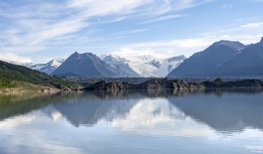 Mountain landscape reflected in glacial lake, Mount Blackburn and Kennicott Glacier, McCarthy Road,