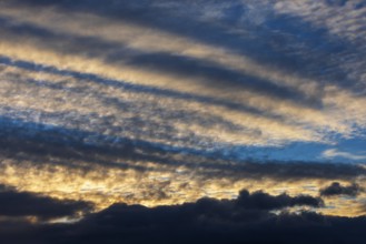 Dramatic cloudy sky, cirrus clouds at sunset, plume clouds, Austria