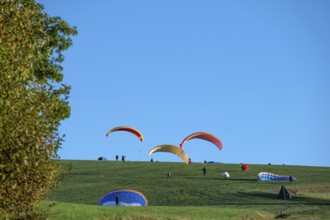 Paragliders practice on a meadow slope, Tauchersreuth, Middle Franconia, Bavaria, Germany