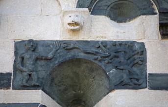Details on the façade of the Romanesque Pisan church of San Michele de Murato, Bevinco Valley,