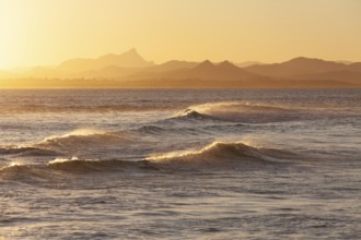 Evening light at Cape Byron with view to Mount Warning and sunlit hinterland, New South Wales,