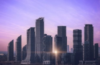 Scenic Etobicoke skyline of newly built condos and businesses near Gardiner Highway and downtown