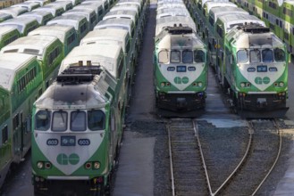Toronto, Ontario, Canada-June 2, 2025: Toronto Go Train arriving at a platform at Union station