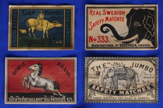 Matchboxes with old label design and different motifs, Tändsticksmuseet matchstick museum or match