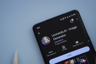 Dhaka, Bangladesh- 29 May 2025: On a blue surface, a smartphone displays the Leonardo AI app within