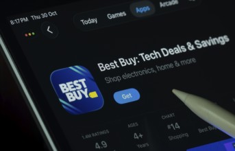Dhaka, Bangladesh- 30 Oct 2025: Best Buy app displayed on a iPad screen in dark mode with a digital