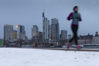 The towers of the Frankfurt banking skyline rise behind the snow-covered banks of the Main,