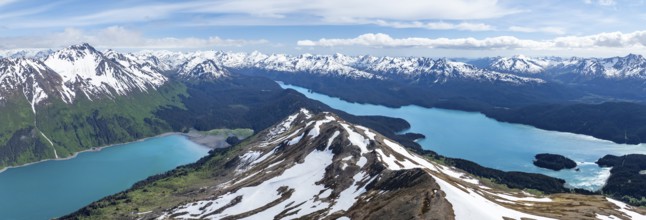 View of mountain landscape with turquoise blue fjord Sadie Cove and Tutka Bay, aerial view, Grace