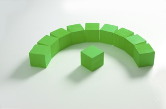 10 green wooden cubes against a white background