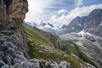 View of picturesque mountain landscape with rocky peaks, Cima Tosa peaks in the back, Via Ferrata