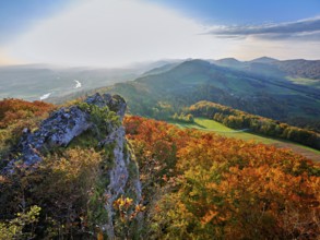 View of an autumnal forest from the Gisliflue, behind the Jura foothills with Wasserfluh and