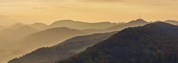 View of an autumnal forest from the Gisliflue, behind the Jurassic foothills with the water fluh in