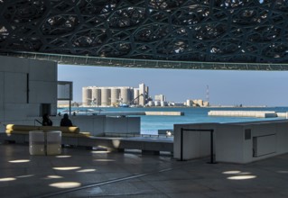 Interior design in Louvre Abu Dhabi, art museum by French architect Jean Nouvel, buildings on
