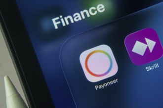 16 Nov 2025- Dhaka, Bangladesh: Close-up of Payoneer app icons on a iPad screen