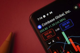 Dhaka, Bangladesh- 08 Sep 2025: Close-up of a phone screen showing Coinbase Global Inc stock market