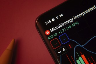 Dhaka, Bangladesh- 08 Sep 2025: Close-up of a phone screen showing MicroStrategy stock market data