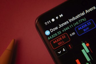 Dhaka, Bangladesh- 08 Sep 2025: Close-up of a phone screen showing Dow Jones Industrial Average