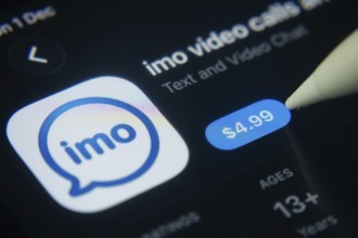 Dhaka, Bangladesh- 01 Dec 2025: A close-up of the imo app icon in the App Store on an iPad screen