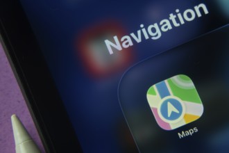 16 Nov 2025- Dhaka, Bangladesh: Close-up of Apple Maps app icons on an iPad screen