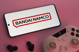 Dhaka, Bangladesh- 08 Apr 2025: A smartphone displaying the Bandai Namco Entertainment logo next to