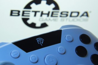 Dhaka, Bangladesh- 24 Mar 2025: A close-up of a gamepad with the Bethesda Game Studios seen on