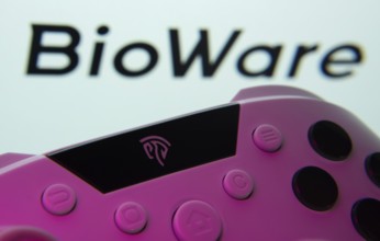 Dhaka, Bangladesh- 24 Mar 2025: A close-up of a gamepad with the BioWare seen on screen in the