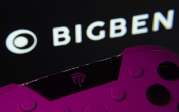 Dhaka, Bangladesh- 24 Mar 2025: A close-up of a gamepad with the Bigben Interactive seen on screen