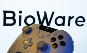 Dhaka, Bangladesh- 20 Mar 2025: A close-up of a gamepad with the BioWare seen on screen in the