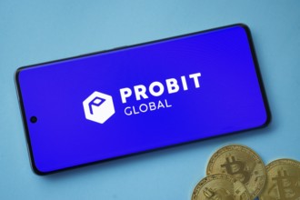 Dhaka, Bangladesh - 04 April 2025: The logo of ProBit Global is displayed on a smartphone screen