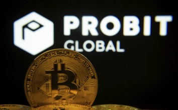 Dhaka, Bangladesh- 27 Mar 2025: Close-up of Bitcoin coins with the ProBit Global logo visible on a