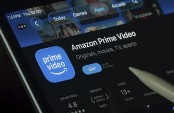 Dhaka, Bangladesh- 30 Oct 2025: Amazon Prime Video app displayed on a iPad screen in dark mode with