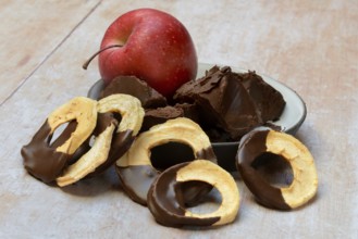Apple rings, coated with chocolate, dried fruit