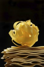 Uncooked lasagna leaves and fettuccine, noodle nest