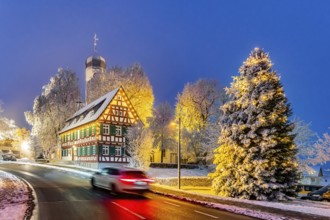 St. Stephen's Church Westerheim in winter with Christmas tree. hoarfrost. Westerheim, Alb-Danube