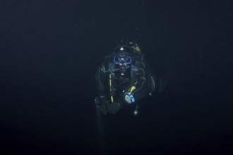 Divers at night in Lake Walen. Tauchplatz Känzeli, Mols, Canton of St. Gallen, Switzerland
