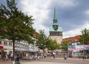 City view of Osterode, Kornmarkt with Saint Giles or church St. Aegidien, Upper Harz region, Lower