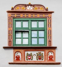 Detail, House facade, late Renaissance stone carving, Justitia and Clementia, justice and charity