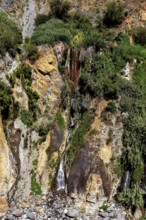 Waterfall flowing among green shrubs and rocks, The landscape of the Colca Canyon in the Andes of