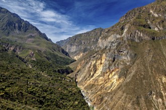 Mountain landscape with deep gorges under bright blue sky, The landscape of Colca Canyon in the