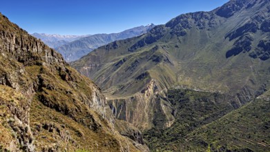 Extensive mountain landscape with green hills under sunny skies, the landscape of Colca Canyon in