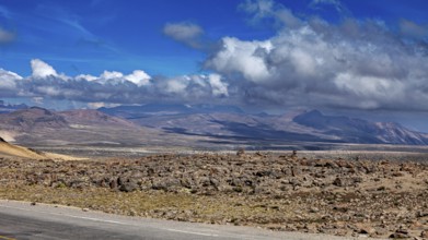 Rugged desert landscape with mountains and cloudy background in the distance, The highlands of the