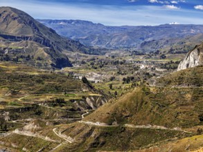 Mountainous scenery with river valley and terraced fields, the landscape of the Colca Canyon in the