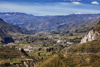 Mountainous landscape with green valleys and blue sky, The landscape of Colca Canyon in the Aden of