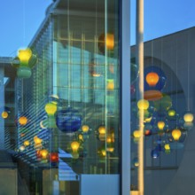 Artistic lamp installation with window reflection of the Marie-Elisabeth-Lüders House, art,