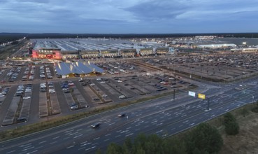 Tesla Gigafactory at the blue hour, Grünheide, 19.12.2025, Grünheide, Brandenburg, Germany