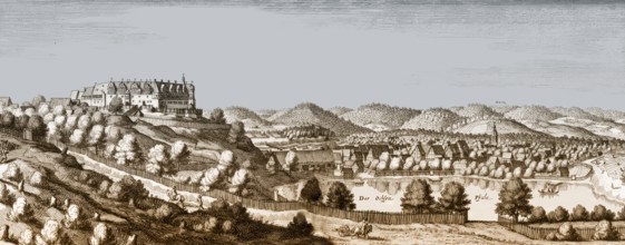 Welf Castle of Herzberg, City of Herzberg am Harz, Merian 1654, Lower Saxony, Germany