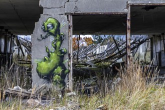 Dilapidated hall with gravity of the dilapidated plant of a former agricultural production