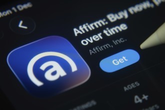 Dhaka, Bangladesh- 01 Dec 2025: A close-up of the Affirm app icon in the App Store on an iPad
