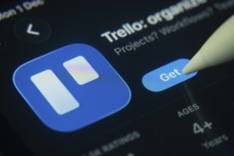 Dhaka, Bangladesh- 01 Dec 2025: A close-up of the Trello app icon in the App Store on an iPad